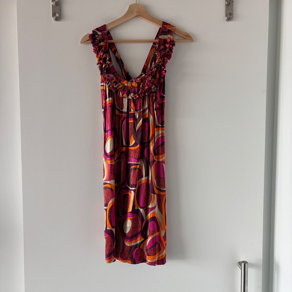 T-Bags Silk Ruffle Geometric Psychedelic Mini Dress
